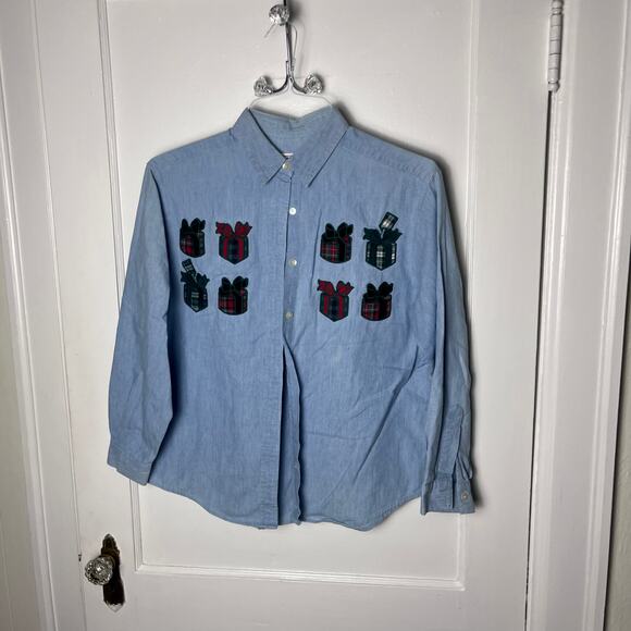 Vintage 90s Talbots Chambray Button Down Present Patch Cute Long Sleeve Shirt S - Picture 1 of 7